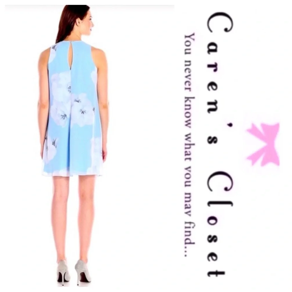 Calvin Klein Powder Blue Floral Print Chiffon Trapeze Sleeveless Dress - Picture 2 of 10